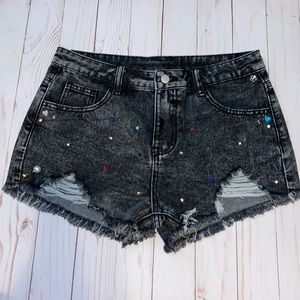 Girls stone washed blk denim cut off jean shorts w gems